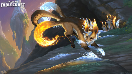 3_tails ambiguous_gender brown_body brown_fur detailed_background elemental_manipulation feral fire fire_manipulation fur grass group ice_manipulation mountain multi_tail outside plant rock sitting snow tail brian_valeza tales_of_fablecraft canid canine elemental_creature fox mammal 16:9 2024 digital_media_(artwork) hi_res official_art widescreen