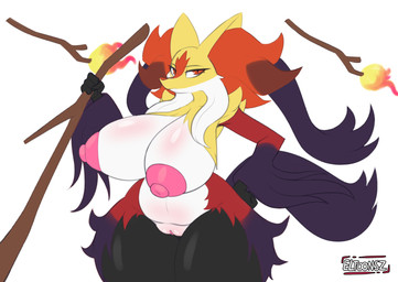 anthro areola big_breasts big_ears black_body breasts eyelashes facial_tuft female fire fluffy fur genitals huge_breasts inner_ear_fluff nipples nude orange_body orange_fur pink_areola pink_nipples purple_body purple_fur simple_background solo tail thick_thighs tuft vulva white_background white_body white_fur eltoonsz nintendo pokemon pokemon_legends_z-a generation_9_pokemon mega_delphox mega_evolution pokemon_(species) hi_res