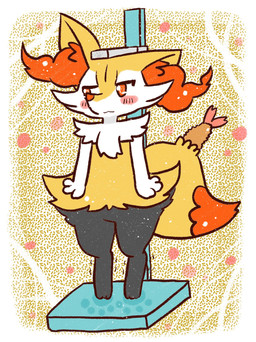 :3 abstract_background ambiguous_anthro ambiguous_gender anthro biped blush blush_stickers digitigrade food front_view measuring object_in_tail one_ear_up shrimp_(food) snout solo standing tail tiptoes annyui0611 nintendo pokemon braixen generation_6_pokemon pokemon_(species) 2022 digital_drawing_(artwork) digital_media_(artwork) full-length_portrait hi_res japanese_description portrait translated_description