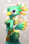 abstract_background anthro armor badminton_racket beak bent_arm big_pupils biped blue_eyes bottomwear breasts clothed clothed_anthro clothed_female clothing crop_top dipstick_tail eye_markings eyelashes feathers female female_anthro fully_clothed fully_clothed_anthro fully_clothed_female glistening glistening_clothing glistening_eyes gloves_(marking) green_body green_bottomwear green_clothing green_crop_top green_feathers green_shirt green_shorts green_topwear holding_object markings medium_breasts multicolored_body multicolored_feathers neckwear orange_body orange_feathers orange_tail_tip pupils shirt shorts side_view solo standing tail tail_feathers tail_markings thick_thighs topwear vambrace white_body white_feathers white_sclera wide_hips yellow_beak jyanomithi nintendo nintendo_sports nintendo_switch_sports bird_body_(nintendo_switch_sports) avian bird 2023 digital_media_(artwork) hi_res japanese_description portrait shaded three-quarter_portrait