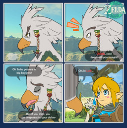 blush bow_(weapon) dialogue embarrassed humor hyrule male ranged_weapon speech_bubble sweat_droplets text weapon ariesartist nintendo tears_of_the_kingdom the_legend_of_zelda link teba_(tloz) tulin_(tloz) avian hylian rito alpha_channel comic english_text hi_res