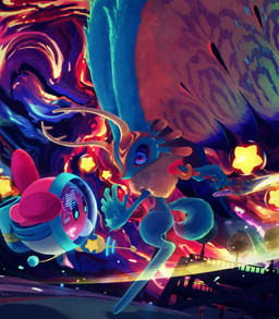 ambiguous_gender antares_(kirby_and_the_forgotten_land) anthro antlers biped black_sclera building chest_tuft colored_nails countershade_torso countershading detailed_background determined digitigrade dipstick_tail duo eye_contact fight fingernails fluffy fluffy_tail fur head_wings holding_melee_weapon holding_object holding_polearm holding_ranged_weapon holding_raygun holding_spear holding_weapon horn huge_wings looking_at_another markings melee_weapon mouthless multicolored_body multicolored_eyes multicolored_fur nails neck_tuft orange_body orange_fur outside pink_body pink_eyes polearm pupils purple_fingernails purple_nails ranged_weapon raygun red_body size_difference spacesuit spear star_polygon tail tail_markings tan_body tan_fur teal_body teal_eyes teal_fur tuft unusual_wing_placement upside_down weapon wings suyasuyabi427 kirby_(series) kirby_and_the_forgotten_land nintendo fecto_elfilis kirby space_ranger_kirby alien chinchilla chinchillid mammal rodent starling_(kirby) waddling_head 2022 absurd_res digital_drawing_(artwork) digital_media_(artwork) hi_res japanese_description signature