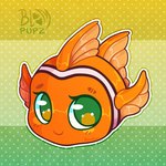 ambiguous_gender blush blush_lines chibi circle_eyebrows dorsal_fin earless eyebrows feral fin glistening glistening_body green_eyes on_model orange_body pectoral_fin smile solo tail tail_fin toony bloompupz hasbro littlest_pet_shop lps_130 clownfish fish marine pomacentrid 1:1 hi_res