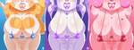 anthro aroused big_breasts bikini bikini_bottom bikini_top blonde_hair bodily_fluids breasts chest_spots clothing female group hair nipples pink_body pink_hair pink_nipples pink_skin pink_tongue pose purple_hair purple_nipples sweat sweaty_breasts swimwear temptation tongue trio two-piece_swimsuit white_body white_skin cranebear clement_diana_mia jessica_young_melis tricia_ren_sounhoff bat felid feline mammal robot_anthro suid suine absurd_res hi_res pinup