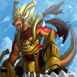 anthro armor blonde_hair hair headgear helmet horn male multicolored_body orange_body red_body solo tail r-nowong bushiroad future_card_buddyfight mythology drum_bunker_dragon dragon mythological_creature mythological_scalie scalie