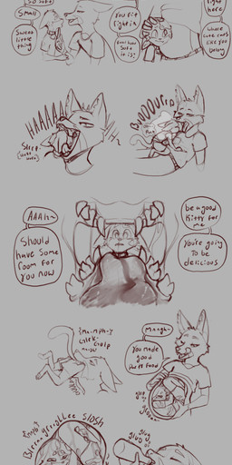 anthro burping burping_in_face curled_up death digestion fatal oral oral_vore size_difference snuff text vore willing_prey young crunchy_kitkat canid canine domestic_cat felid feline felis mammal absurd_res artist_name english_text hi_res long_image tall_image