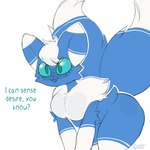 1:1 ambiguous_gender anthro blue_body blue_eyes blue_fur blush dialogue english_text eyelashes femboy fur generation_6_pokemon huge_hips leg_markings male_(lore) mallory_(psychicmiaou) markings meowstic nintendo pokemon pokemon_(species) sharkysocks socks_(marking) solo text thick_thighs wide_hips