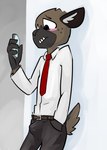 aggretsuko anthro aroused belt blush bottomwear bulge clothed clothing dress_shirt electronics erection erection_under_clothing fully_clothed haida_(aggretsuko) hand_in_pocket holding_object holding_phone hyena male mammal necktie pants phone pockets sanrio shirt solo spotted_hyena standing tenting topwear toxoglossa