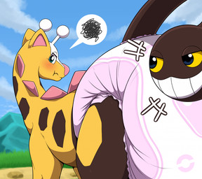 ambiguous_gender big_diaper blush clothed clothing cloud diaper diaper_only feral grass grumpy mountain outside pink_diaper plant pouting rear_view shy sky smile solo standing teeth topless wearing_diaper bunnykisses nintendo pokemon generation_2_pokemon girafarig pokemon_(species) hi_res