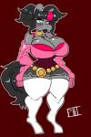 anthro big_breasts black_hair black_tail blue_eyes blush breasts choker cleavage clothed clothing female grey_body hair highlights_(coloring) hooves jewelry lips lipstick makeup necklace pink_clothing red_background short_hair simple_background solo standing tail thick_lips thick_thighs three-quarter_view unguligrade scarfyace hasbro my_little_pony equid equine mammal 2:3 absurd_res digital_drawing_(artwork) digital_media_(artwork) flat_colors full-length_portrait hi_res portrait signature