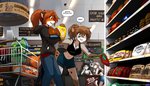 2020 7:4 adira_riftwall adobe_photoshop_(artwork) anthro arm_support beverage black_hair blue_eyes bottle bottomwear box breasts brown_hair canid canine chest_tuft chips_(food) cleavage clothed clothing colored conditional_dnp container credit_card detailed_background dialogue digital_media_(artwork) domestic_cat duo_focus english_text felid feline felis female food fox fur grey_hair group hair hi_res holding_food holding_object hoodie hybrid inside jewelry kathrin_vaughan keidran lady_nora_(twokinds) laura_(twokinds) leaning_on_elbow long_hair mammal market markings midriff navel necklace pantherine ponytail red_fox shopping short_hair shorts smile snow_leopard soda spots spotted_body spotted_fur store text tom_fischbach topwear true_fox tuft twokinds url