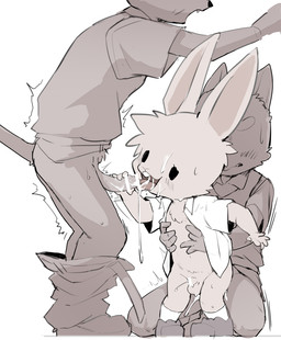 anthro balls biped bodily_fluids censor_bar censored_genitalia censored_penis clothing cum cum_in_mouth cum_inside cum_on_face erection genital_fluids genitals group group_sex humanoid_genitalia humanoid_penis male male/male penis school_uniform sex threesome trio uniform young young_anthro young_male manmosu_marimo lagomorph leporid mammal rabbit censored