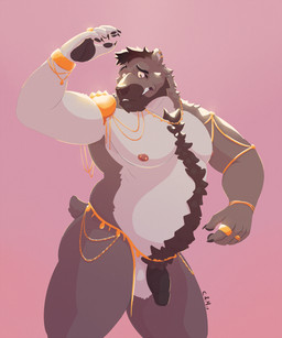 anthro balls bared_teeth belly_hair black_penis body_hair brown_nose cheek_tuft chest_hair ear_piercing facial_tuft fur genitals grey_body grey_fur humanoid_genitalia humanoid_penis male neck_tuft nude overweight overweight_anthro overweight_male penis piercing solo standing teeth tuft white_balls white_body white_fur chocolateandmilk pander_(lostpander) bear mammal hi_res