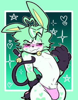 accessory anthro bell bell_collar blush bulge cat_paws cat_tail claws clothing collar femboy furgonomics heart_eyes heart_symbol jingle_bell looking_at_viewer male pink_clothing pink_thong pink_underwear pokemorph smug smug_face smug_grin solo stretching tail tail_accessory tail_bell thong underwear xeloartz nintendo pokemon polveon_(character) eeveelution generation_6_pokemon mammal pokemon_(species) sylveon absurd_res hi_res