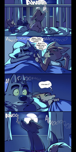 3_toes 4_fingers annoyed anthro barbell_piercing barefoot bed bedding biped black_border black_nose blanket border bottomwear boxers_(clothing) breasts brown_body brown_fur canon_couple cheek_tuft cleavage clothed clothed_anthro clothed_female clothed_male clothing conjoined_speech_bubble constricted_pupils countershade_face countershade_neck countershade_torso countershading covering covering_ears crib dialogue disturbed eyebrow_piercing eyebrows eyelashes eyes_closed facial_piercing facial_tuft family feet female female_anthro fingers floral_print four_frame_image four_row_layout full_moon fur furniture green_eyes grey_body grey_fur group heart_boxers heart_clothing heart_print heart_symbol heart_underwear howl howling_at_the_moon husband_and_wife light long_eyelashes lying lying_on_bed male male_anthro married_couple moon moonlight neonate night on_back on_bed on_side onesie open_mouth orange_body orange_fur pants piercing pillow pink_clothing pink_nose pink_underwear plushie pointy_ears prick_ears pupils sleeping sleepwear small_pupils snout speech_bubble teeth text tired title toes tools topless topless_anthro topless_male topwear trio tuft underwear underwear_only wide_eyed window worried yellow_eyes yellow_sclera young baban chilllum dreamworks the_bad_guys diane_foxington ellen_wolf_foxington fan_character mr._wolf_(the_bad_guys) canid canine canis fox hybrid mammal wolf 2026 absurd_res artist_collaboration artist_name character_name comic english_text hi_res daughter_(lore) father_(lore) father_and_child_(lore) father_and_daughter_(lore) mother_(lore) mother_and_child_(lore) mother_and_daughter_(lore) mother_and_father_(lore) parent_(lore) parent_and_child_(lore) parent_and_daughter_(lore)