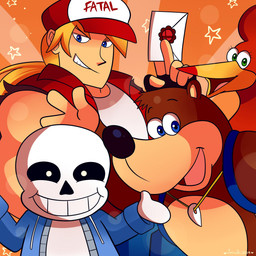anthro backpack beak blonde_hair blue_eyes bone brown_body brown_fur clothed clothing feathers female fur green_eyes grin group hair hat headgear headwear jewelry letter male necklace orange_background red_body red_feathers simple_background skeleton smile star tan_body tan_skin topless white_body white_eyes domestichedgeh2 banjo-kazooie fatal_fury nintendo rareware super_smash_bros. super_smash_bros._ultimate undertale undertale_(series) banjo_(banjo-kazooie) kazooie sans_(undertale) terry_bogard animated_skeleton avian bear bird breegull brown_bear human mammal undead ursine 1:1 hi_res