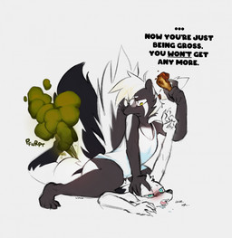4_toes 5_fingers accessory anthro barefoot big_butt biped black_body black_bra black_clothing black_ears black_fur black_nose black_pawpads black_tail black_text black_underwear blue_clothing blue_dress blue_eyes bodily_fluids bra bra_strap breasts brown_hair_tie butt chicken_meat claws cleavage clothed clothed_anthro clothed_female clothing color_coded_text dialogue disappointed dress drooling drumstick_(food) duo eyebrows eyewear fangs fart fart_cloud fart_fetish feet female female_anthro female_farting finger_claws fingers fluffy fluffy_tail food fur glasses green_eyes green_fart_cloud green_text hair hair_accessory hair_tie half-closed_eyes head_grab head_turned holding_food holding_object hot_sauce looking_down looking_down_at_another lying meat mouth_closed multicolored_body multicolored_clothing multicolored_dress multicolored_ears multicolored_fur narrowed_eyes nude nude_anthro nude_female on_front onomatopoeia open_mouth pawpads pink_tongue pinned pinned_to_ground plantigrade ponytail pupils raised_arm raised_tail saliva short_hair simple_background sitting sitting_on_another small_breasts snout sound_effects straddling tail talking_to_another teeth text toes tongue two_tone_body two_tone_clothing two_tone_dress two_tone_ears two_tone_fur two_tone_tail underwear whiskers white_background white_body white_claws white_clothing white_dress white_ears white_eyebrows white_fur white_hair white_pupils white_tail white_whiskers lichee pepper_(lichee) salem_(lichee) canid canine eastern_spotted_skunk fox hybrid mammal mephitid skunk spotted_skunk 2023 english_text hi_res signature