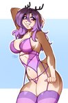 anthro big_breasts blush bra breasts cleavage clothed clothing female hair legwear lingerie long_hair looking_at_viewer navel panties purple_bra purple_clothing purple_eyes purple_hair purple_legwear purple_panties purple_thigh_highs purple_underwear smile solo thigh_highs underwear littlesheep riley_(ramin) deer mammal 2023 hi_res