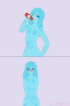 blue_body blue_eyes blue_hair blush drinking femboy food glistening glistening_body hair ketchup ketchup_bottle looking_at_viewer male slime smile solo translucent translucent_body kawaiiredpandas goo_creature humanoid absurd_res hi_res