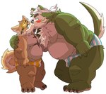 anthro belly blush brown_body brown_fur bulge clothing duo fur green_body green_fur humanoid_hands kemono kissing male male/male moobs nipples overweight overweight_male simple_background underwear white_background hottophoto lifewonders live_a_hero mokdai procy canid canine canis domestic_dog mammal 2021 hi_res