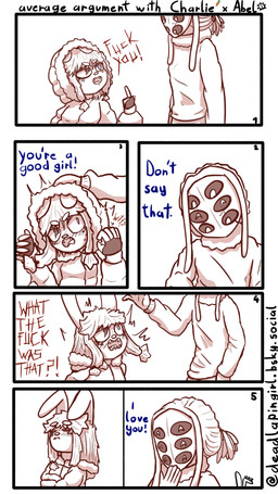 angry anthro blush clothing coat dialogue duo eye_injury female headpat hood hoodie male mask multi_eye petting piercing profanity text topwear manyanz arthropod beetle insect lagomorph leporid mammal rabbit 4k 9:16 absurd_res comic english_text hi_res