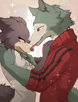 5_fingers anthro blue_body blue_fur brown_body brown_fur clothed clothing daww duo eyes_closed female fingers fur green_body green_fur heart_symbol jacket licking love male male/female red_clothing romantic romantic_ambiance romantic_couple tongue tongue_out topwear white_clothing hioshiru beastars juno_(beastars) legoshi_(beastars) canid canine canis mammal northwestern_wolf wolf 2019 hi_res