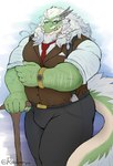 anthro beard body_hair cane clock clothing eyebrows facial_hair male musclegut muscular necktie overweight solo standing suspenders tail thick_eyebrows topwear vest watch wristwatch radonryu mythology raddy dragon mythological_creature mythological_scalie scalie absurd_res hi_res