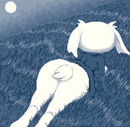 anthro bottomless butt clothed clothing female floppy_ears fur grass lying on_front outside plant scut_tail short_tail sky solo sweater tail topwear white_body white_fur anonymous_artist cave_story sue_sakamoto lagomorph mammal mimiga