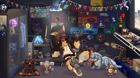 anniversary anniversary_art anthro bottomwear brown_body brown_fur brown_hair chair city claws clothed clothing conveyor_belt double_claw eye_scar facial_scar feet fluffy foot_focus full_foot_pawpads full_pad fur furniture grey_pawpads grey_soles hair inserter male orange_eyes padded_palms pawpads paws paws_on_table plantigrade scar scintilla_(artist) shelf shirt shorts souvenir table tail tan_body tan_fur topwear vest wardrobe window adalore c-r-s ervascir hydez iddothings jazzaaro kyrio lavakey_(artist) lupex rdy rileysockfoxy sidnithefox silveredge starwolfskin wereraccoon_(artist) xca zgf_art coffee_stain_studios factorio hotel_architect parcel_simulator satisfactory_(game) tetris twitch.tv wube_software zgf_gaming ra'zim gulonine hybrid kangaroo macropod mammal marsupial marten mustelid musteline sable_(marten) 2026 absurd_res hi_res huge_filesize tagme