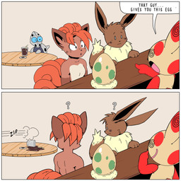 3_fingers ambiguous_gender anthro beverage black_nose blue_eyes blush bodily_fluids breasts brown_body brown_fur countershade_torso countershading dialogue egg eyebrows eyelashes female fingers fluffy fur furniture grey_body group lips lipstick long_ears long_tail makeup male metallic_body motion_lines muscular neck_tuft nervous onomatopoeia open_mouth orange_body orange_fur pokemon_egg question_mark red_body running simple_background sound_effects speech_bubble sweat sweatdrop table tail tan_body tan_fur text tongue tuft jisito nintendo pokemon pokemon_mystery_dungeon spike_chunsoft aron eevee generation_1_pokemon generation_3_pokemon pokemon_(species) spinda vulpix 1:1 absurd_res comic english_text hi_res