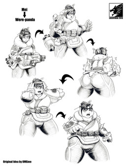 anthro butt clothing directional_arrow eyewear female glasses growth gun hair hand_on_head human_to_anthro open_mouth ranged_weapon sequential_arrow simple_background smile solo species_transformation surprised tail tail_growth text thick_thighs tight_clothing torn_clothing transformation transformation_sequence weapon white_background wide_hips locofuria blizzard_entertainment overwatch mei_(overwatch) bear giant_panda human mammal 2018 absurd_res character_name english_text hi_res monochrome sequence species_name