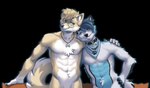 2022 abs anthro black_background blue_body blue_fur blue_hair canid canine canis digital_media_(artwork) domestic_dog eyewear fur glasses green_eyes hair hi_res male mammal nude rayley simple_background smile white_body white_fur