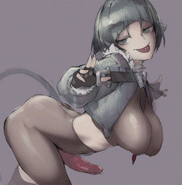 bent_over big_breasts black_clothing black_fingerless_gloves black_gloves black_handwear breasts clothed clothing crop_top cropped_jacket crossgender erection fingerless_gloves ftg_crossgender fti_crossgender fur_trim_(clothing) genital_piercing genitals gloves grey_background grey_clothing grey_jacket grey_topwear gynomorph hair half-closed_eyes handwear intersex jacket legwear long_tail looking_at_viewer narrowed_eyes nipple_piercing_outline open_clothing open_jacket open_topwear pantyhose penis penis_piercing piercing pointy_ears prince_albert_piercing shirt short_hair simple_background smile smiling_at_viewer solo tail tongue tongue_out tongue_piercing topwear vein veiny_penis imperator-shiro mihoyo zenless_zone_zero jane_doe_(zenless_zone_zero) animal_humanoid humanoid mammal mammal_humanoid murid murid_humanoid murine murine_humanoid rat_humanoid rodent rodent_humanoid thiren digital_drawing_(artwork) digital_media_(artwork) hi_res