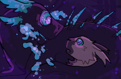 ambiguous_gender duo feral glowing hypnosis hypnotic_eyes looking_down looking_up mind_control open_mouth purple_body size_difference smile smoke smoke_from_mouth tail tail_around_partner teeth tongue wide_eyed mvmvrkio rain_world videocult lizard_(rain_world) slugcat