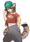 anthro baseball_cap blep bottomwear breasts brown_body brown_eyes brown_fur brown_hair clothed clothing female female_anthro fur hair hand_in_pocket hat headgear headwear kemono midriff multicolored_body multicolored_fur multicolored_tail navel off_shoulder one_eye_closed pants pockets shirt simple_background solo tail tomboy tongue tongue_out topwear white_background white_body white_fur wink yellow_body yellow_fur nachiwanko konatsu-chan felid mammal pantherine tiger 2022 absurd_res digital_media_(artwork) hi_res shaded signature