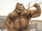 anthro bear belly ben_bigger biceps blush body_hair brown_body brown_fur clothed clothing facial_scar flexing fur happy_trail hav3nsuspended hi_res male mammal mihoyo musclegut muscular navel nipples pecs scar solo topless topless_anthro zenless_zone_zero