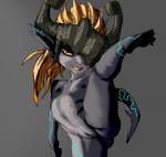 butt ear_piercing female genitals hair markings not_furry orange_hair piercing presenting presenting_pussy pussy raised_leg red_eyes short_stack smile solo bolt-s_(artist) nintendo the_legend_of_zelda twilight_princess midna humanoid twili 2018