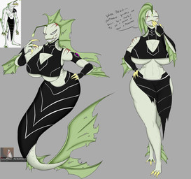 3_toes 4_fingers anthro arm_fin armwear barefoot belt black_armwear black_bottomwear black_clothing black_shirt black_skirt black_topwear bottomwear breasts choker claws cleavage clothed clothing eye_scar facial_scar feet female female_anthro fin fin_hair finger_claws fingers gills green_body jewelry necklace pseudo_hair scar shirt shoulder_scar skirt toes topwear nahuelng ben_10 cartoon_network chaquetrix ripjaws alien anglerfish fish marine piscciss_volann
