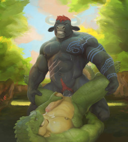 abs anal anal_penetration anthro anthro_on_anthro anthro_penetrated anthro_penetrating anthro_penetrating_anthro anvil_position arm_tattoo ball_tuft balls bareback bared_teeth biceps big_penis black_body black_fur black_penis blue_eyes bodily_fluids cum cum_in_ass cum_inside cum_on_chest cum_on_own_chest cum_on_own_penis cum_on_penis cum_on_self day duo facial_hair fingers forest from_front_position fur genital_fluids genitals glans goatee grass green_body green_scales grin hair hands_on_legs holding_balls holding_penis horn humanoid_genitalia humanoid_penis kneeling legs_up looking_at_another lying male male/male male_penetrated male_penetrating male_penetrating_male monotone_body monotone_fur multicolored_body multicolored_scales muscular muscular_anthro muscular_male navel nipples on_back outside pecs penetration penis pink_glans plant pubes red_hair red_pubes scales scar sex smile tan_body tan_penis tan_scales tattoo teeth tree tuft two_tone_body two_tone_scales orcfun epsiloh bovid bovine cattle crocodile crocodilian mammal reptile scalie 2020 digital_media_(artwork) hi_res