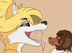 anthro blonde_hair bodily_fluids dominant dominant_female duo female hair holding_neck male male/female open_mouth predator/prey saliva scared size_difference teeth tongue tongue_out vore weks weksoida jen_(scottc) canid canine fox mammal digital_media_(artwork) hi_res