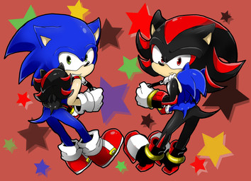 anthro backpack black_body black_fur blue_body blue_fur clothing duo footwear fur gloves green_eyes grin handwear looking_back male rear_view red_background red_body red_eyes red_fur shoes simple_background smile star segawa9091 sega sonic_the_hedgehog_(series) shadow_the_hedgehog sonic_the_hedgehog eulipotyphlan hedgehog inanimate_object mammal hi_res