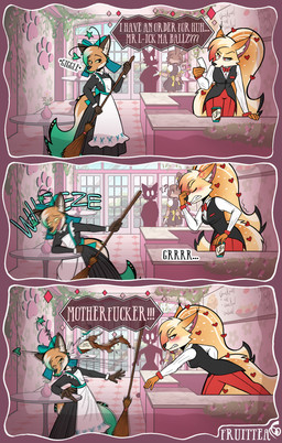 5_fingers angry antennae_(anatomy) anthro bottomwear bow_tie broom brown_body brown_fur cafe cheek_markings cleaning_tool clothing coffee_cup collared_shirt container costume countertop cup dialogue dipstick_ears door dress_shirt ear_markings eyebrows facial_markings female femboy fingers floor flower footprint footwear fur furniture gesture gloves_(marking) green_hair grey_eyebrows grey_inner_ear_fluff group hair hand_gesture handwear head_bow head_markings head_tuft heart_symbol impact_lines inner_ear_fluff laugh maid_cafe maid_uniform male markings menu multicolored_body multicolored_ears multicolored_fur neck_bow orange_body orange_fur pants pawprint plant prank pupils question_mark red_bottomwear red_clothing red_pants shirt smile socks spilled_coffee standing star surprised table text throwing_object tile tile_floor topwear tuft uniform vase waist_bow window wounded yellow_sclera fruittea wheeze_comic bethany_(fruittea) seraph_(fruittea) canid canine fox lagomorph leporid mammal rabbit 2025 absurd_res artist_name colored comic digital_drawing_(artwork) digital_media_(artwork) english_text hi_res signature