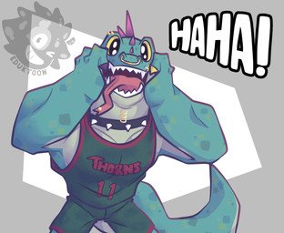 anthro basketball_uniform black_eyes bottomwear clothing collar eyebrow_spikes forked_tongue front_view glistening glistening_eyes green_body green_bottomwear green_clothing green_scales green_shirt green_shorts green_topwear hand_on_face happy head_spikes laugh logo long_tongue male mouth_piercing neck_piercing open_mouth pecs piercing purple_spikes scales sharp_teeth shirt shorts simple_background solo spiked_collar spikes spikes_(anatomy) sportswear tail tank_top teeth tongue tongue_out tongue_piercing topwear uniform wide_eyed yellow_sclera eduktoon goat_(movie) sony_corporation sony_pictures modo_olachenko komodo_dragon lizard monitor_lizard reptile scalie 2026 artist_logo digital_media_(artwork) hi_res portrait three-quarter_portrait