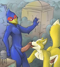 5_fingers anthro anthro_on_anthro balls beak bent_over blue_balls blue_body blue_eyes blue_feathers bodily_fluids butt city destruction dipstick_tail duo erection feathers fellatio fingers fur genital_fluids genitals green_eyes humanoid_genitalia humanoid_penis interspecies licking macro macro_on_macro male male/male markings nude open_mouth oral outside outside_sex penile penis penis_lick precum sex tail tail_markings tongue tongue_out vein veiny_penis water_tower yellow_body yellow_fur pmoss nintendo star_fox falco_lombardi fox_mccloud avian bird canid canine fox mammal 2012 dated signature