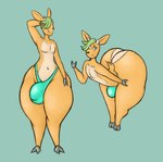 2_fingers 2_toes anthro antlers big_butt brown_body bulge butt clothing feet fingers genitals green_hair hair horn huge_butt male navel penis purple_eyes solo thick_thighs thong toes underwear jovi_cap deer mammal hi_res