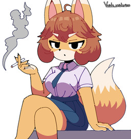 accessory anthro brown_hair clothing collared_shirt countershading dipstick_ears ear_markings eyebrows female fur hair markings multicolored_ears necktie shirt smoking solo topwear white_eyebrows yellow_body yellow_fur voider_(artist) bully_fox canid canine fox mammal hi_res