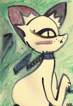 :< ambiguous_gender blue_scarf calligraphy feral fur scarf side_view solo white_body white_fur naircat domestic_cat felid feline felis mammal 2012 hi_res painting_(artwork) watercolor_(artwork)