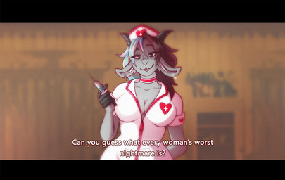 anthro black_border border breasts cleavage clothed clothing female headgear headwear nurse nurse_clothing nurse_headwear nurse_uniform scene_interpretation scene_parody solo text uniform spider_bones promising_young_woman bridgette_(spider_bones) bovid caprine goat mammal 2026 7:3 english_text subtitled widescreen