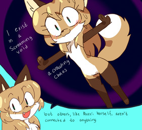 3_toes :3 abstract_background anthro big_ears big_eyes biped blonde_hair blush blush_lines bodily_fluids brown_ears cheek_tuft curled_tail dialogue dipstick_tail eye_through_hair eyebrow_through_hair eyebrows eyelashes eyelashes_through_hair facial_tuft fangs feet female floating fluffy fluffy_chest fluffy_tail fur green_eyes hair head_tuft humor inner_ear_fluff long_hair markings open_mouth outstretched_arms raised_tail red_blush simple_background small_nose snaggle_tooth solo speech_bubble spiral spiral_background sweat t-pose tail tail_markings tail_tuft talking_to_viewer teeth text toes translucent translucent_hair tuft white_body white_fur white_sclera yellow_body yellow_fur conditional_dnp fiddleafox averi_(fiddleafox) canid canine fox mammal red_fox true_fox 2020 digital_drawing_(artwork) digital_media_(artwork) english_text hi_res shaded