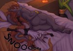 anthro bed black_body black_scales butt clothing duo furniture hair male male/male nude red_hair scales size_difference sleeping snoring tail underwear barawerewolf anothereidos_of_dragon_vein_r mythology amorey barboros_(anothereidos_r) dragon kobold mythological_creature mythological_scalie scalie hi_res